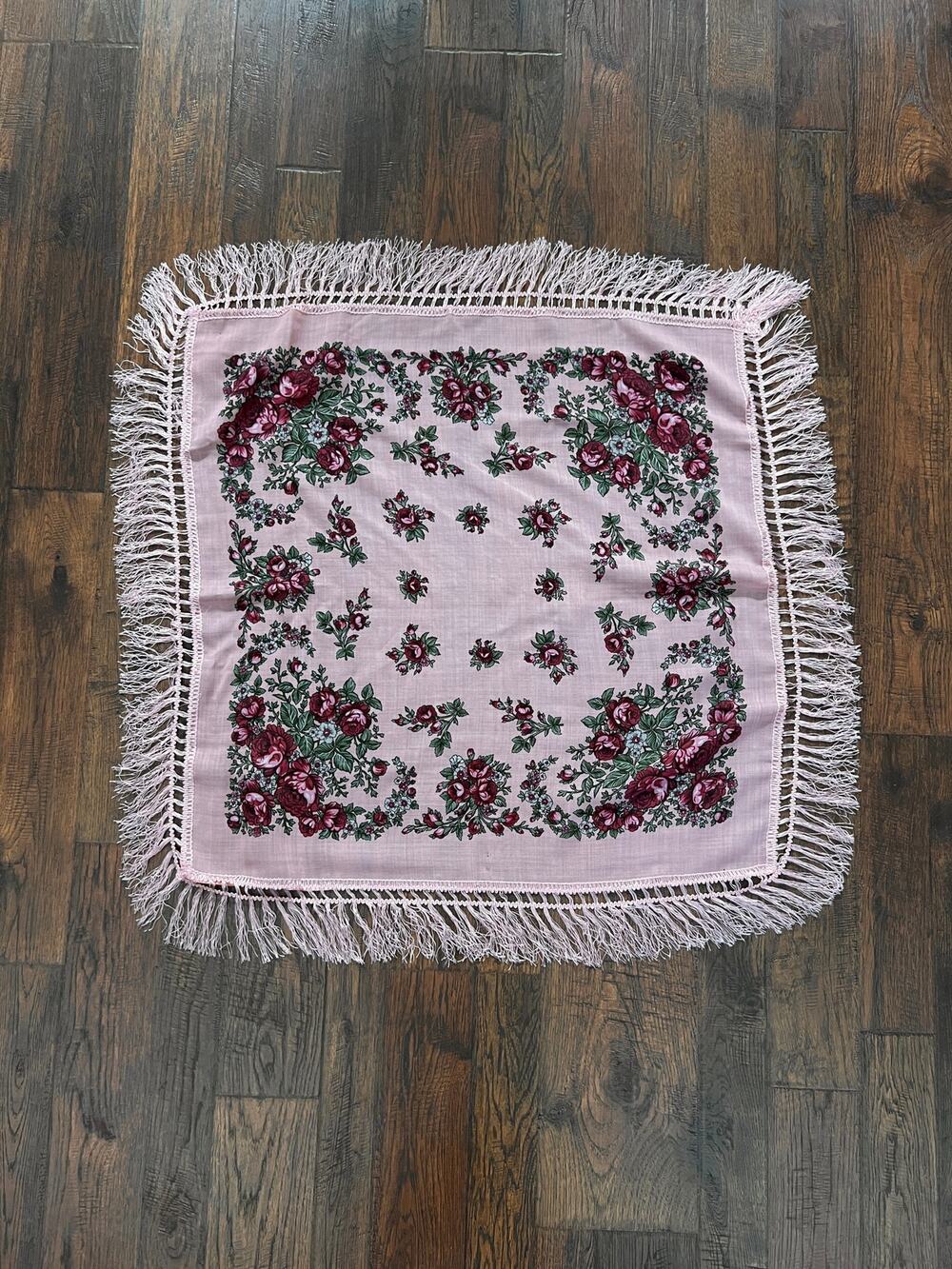Vintage Kashmir Woole Floral Fringe Scarf - Pink Rose Square Wrap Bohemian Style